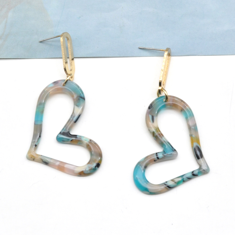 Asian Korea style small gold brass and acetate heart dangle earrings