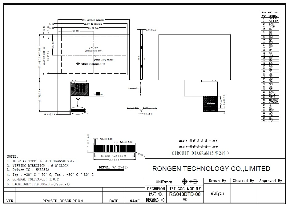 ODM 4.3inch TFT LCD Screen GPS Display Rg043dtd-08