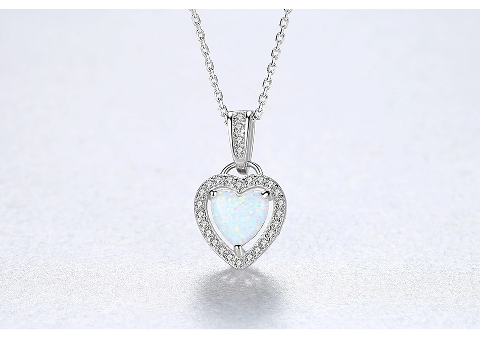 S925 Silver CZ Delicate Opal Stone Heart Pendant Necklace