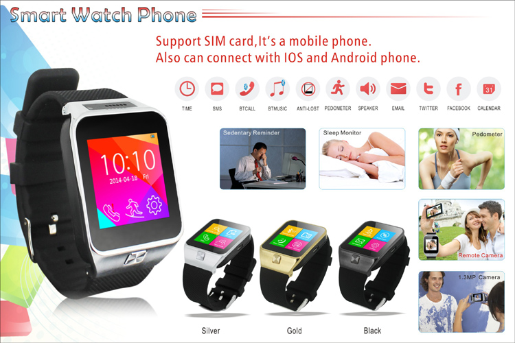 Cheap GSM Bluetooth Smart Watch Mobile Phone with Pedometer