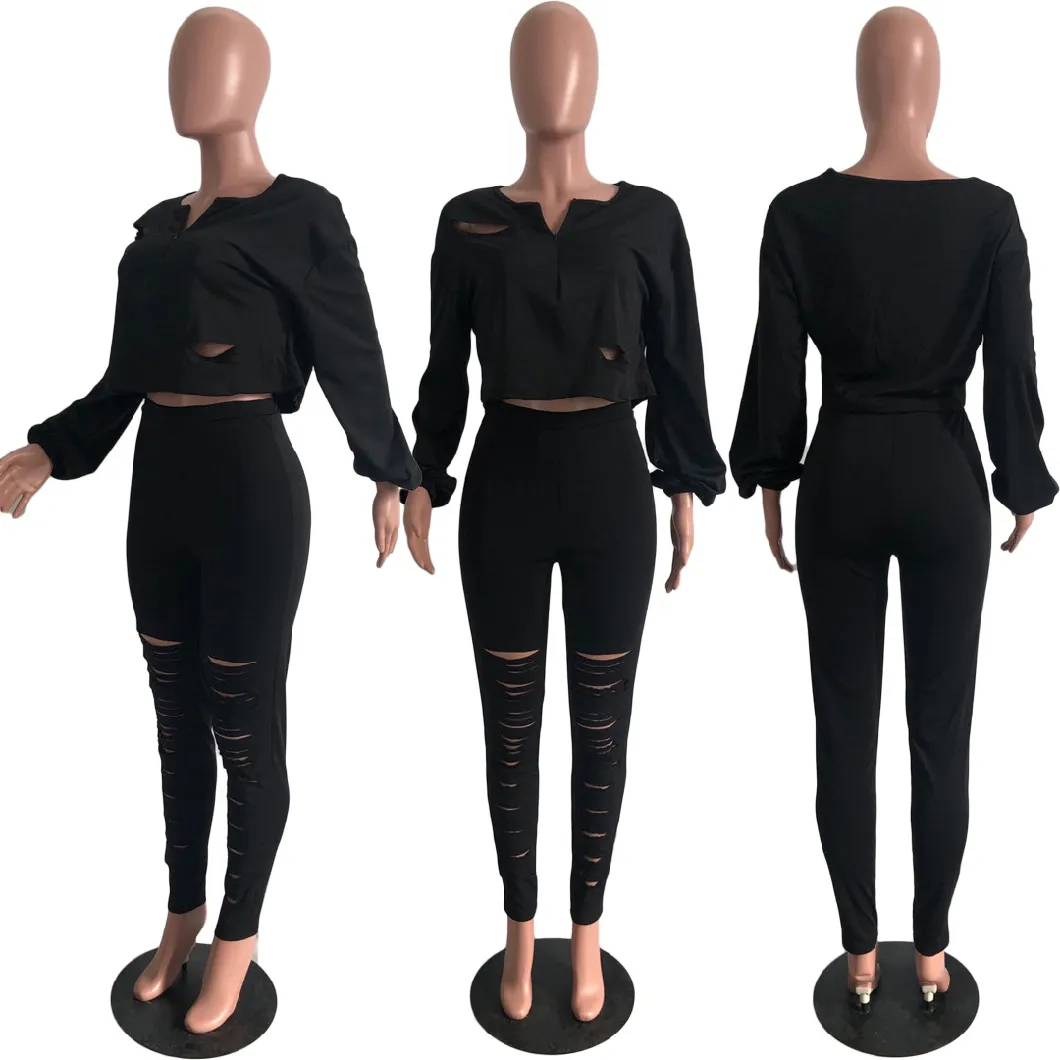 Female Fashion Fitness Two Pieces Sets Autumn Full Sleeve Zipper V Neck Hollow out Tops and High Waist Suits