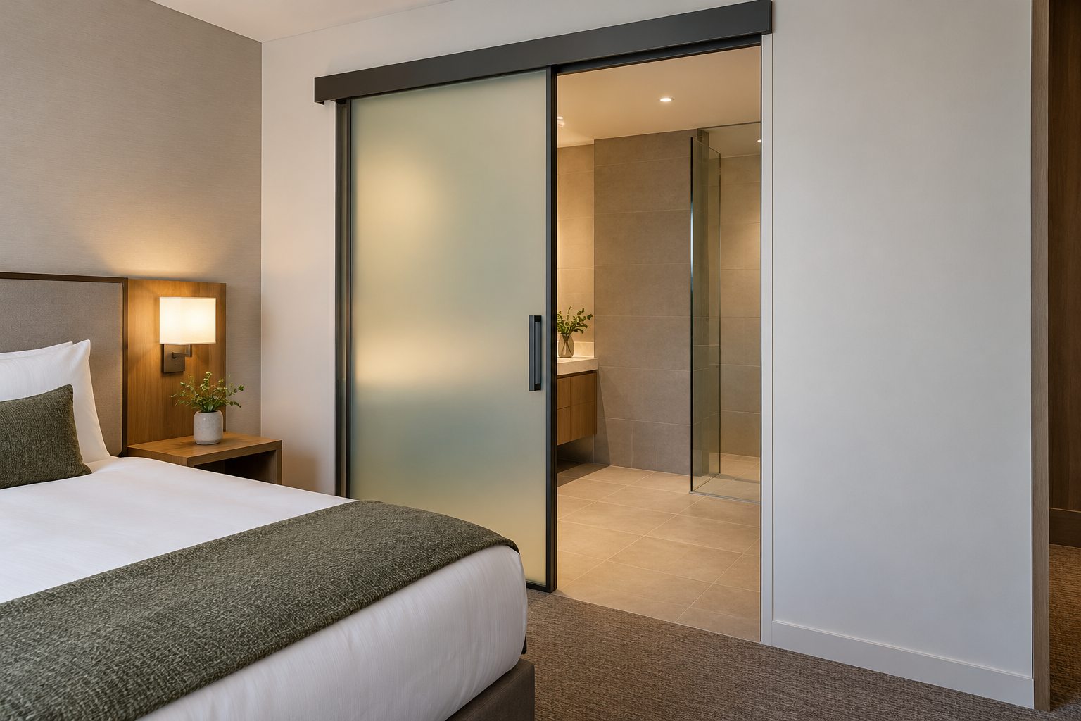Interior hotel ensuite slider showing privacy glazing and a separate overhead track Illustrative frosted sliding glass door separating a hotel guest room from an ensuite