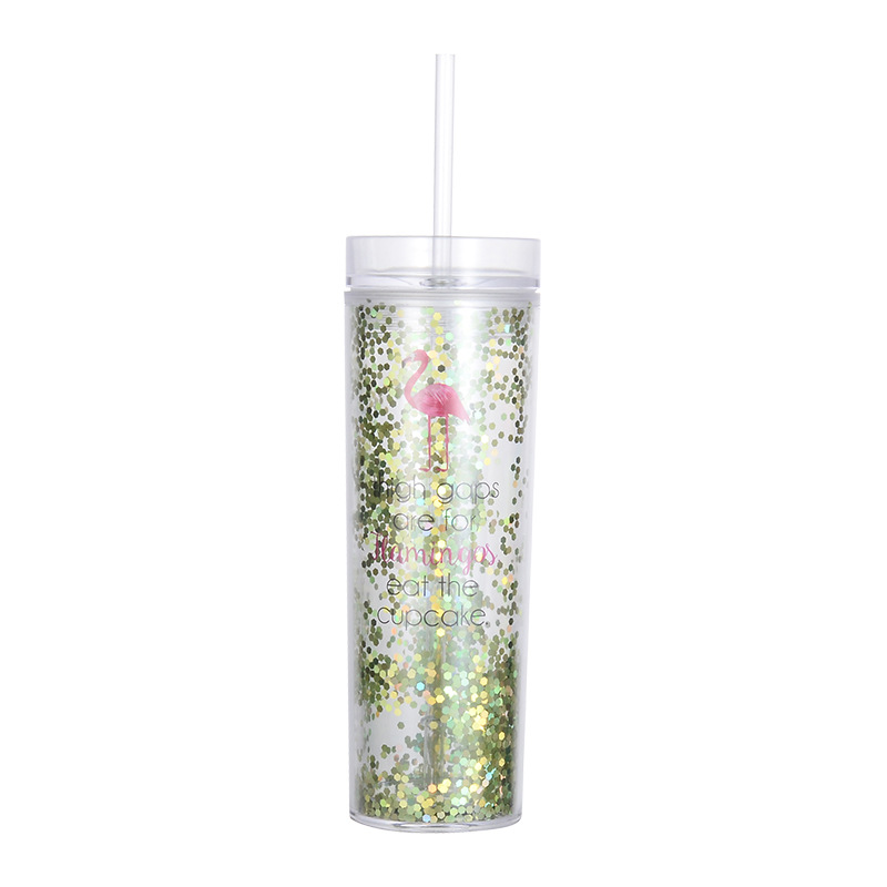 16oz Acrylic Tumblers Flamingo glitter double wall plastic tumbler clear tumbler with straw