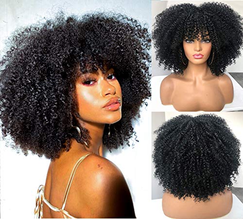 Good quality synthetic vendors color hair Afro short wig kinky curly synthetic wigs with bangs  high temperature hair fiber