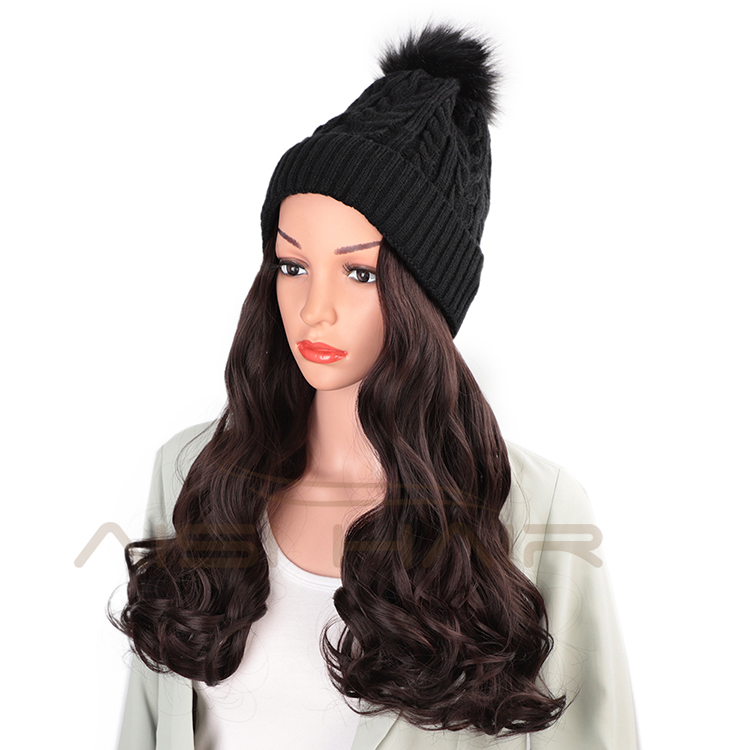 Aisi Hair Dark Brown Synthetic Long Wavy Cosplay Party Knit Slouchy Hat Fiber Hair Extension With Cap For Black White Women