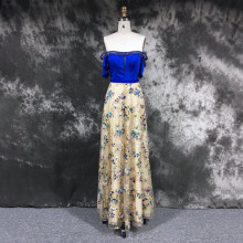 Off-shoulder Lace Embroidered Floral Beaded Neckline Backless Maxi Dress