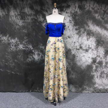 Off-shoulder Lace Embroidered Floral Beaded Neckline Backless Maxi Dress