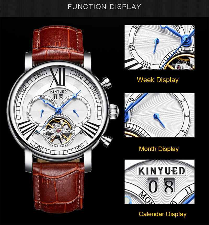 Kinyued J023 Fashion Leather Automatic Man Watches Tourbillon Calendar Chronograph Mechanical Watch