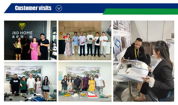 Global customers visiting JBD HOME factory in Foshan — diverse international buyers from Asia, Africa, Europe and Americas reviewing aluminum door samples, discussing custom solutions, and building trusted B2B partnerships.