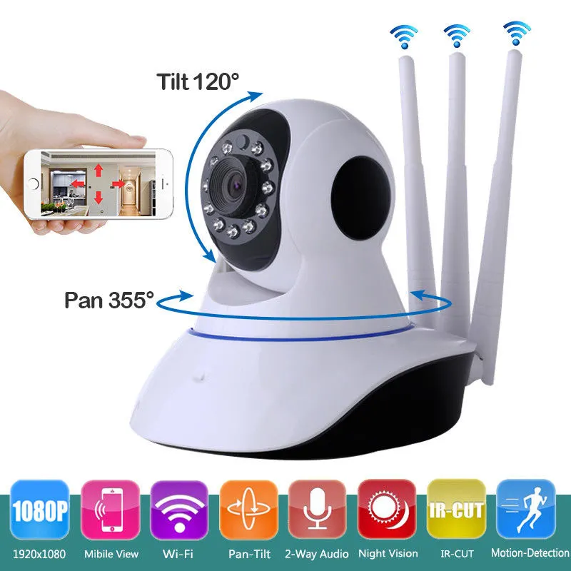 1080P WiFi IP Camera Pan & Tilt Indoor Video Surveillance Wireless Three Antennas