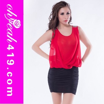 Supper good sale chiffon dress style red short evening dress red black silk dress