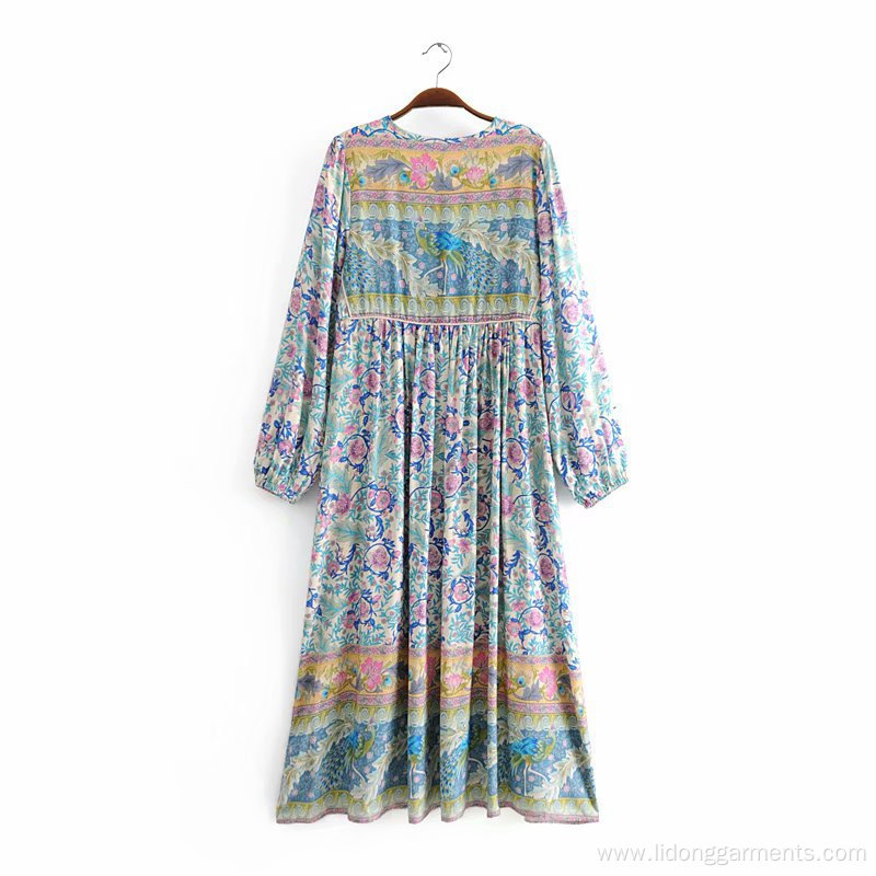 Printing Loose Casual Long Sleeve Dress With Bow