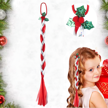 Anixn Wholesale Red Berry Green Holly Leaves Braid Scrunchie Christmas Hair Extensions