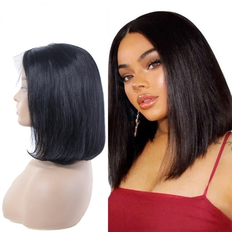 Human Hair Lace Front Wig 13X6 Bob Straight Virgin Brazilian Hair Natural Black Deep Part 180% Density Pre Plucked