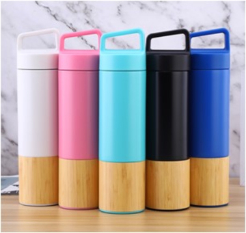 20oz Handle Lid Bamboo Powder Coated Vacuum Bottle