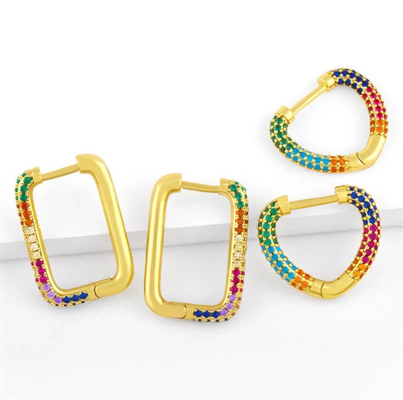Wholesale Gold Heart Hoop Earrings Women CZ Cubic Zirconia Jewelry Gifts Multicolor Rectangle Huggie Earrings