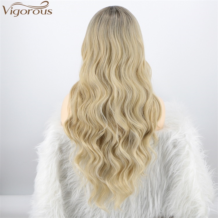 Vigorous Top Quality Long Ombre Blonde Body Wavy Wigs Middle Part Synthetic Fiber Wigs For Black Women Heat Resistant Wholesales