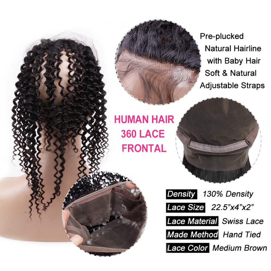 Best Selling 360 Human Hair Closure And Weave, 100% Malaysian Kinky Curly  Glueless 360 Degree Lace Frontal Closure  Baby Hair