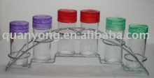 glass condiment set with metal rack