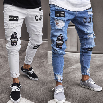 Fashion design embroidery ripped mens denim jeans slim fit