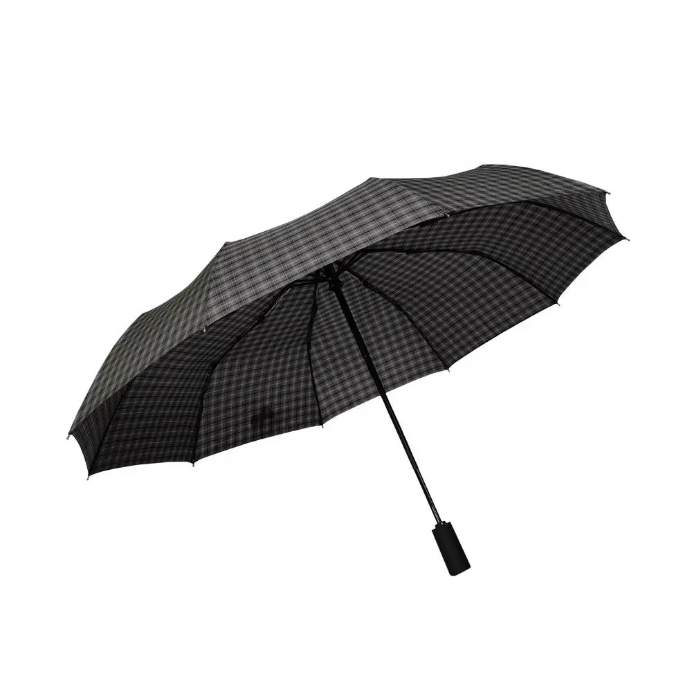 Grey Business Man Umbrella Plaid Fabric Three Folding Umbrella Fully Automatic with Customized
