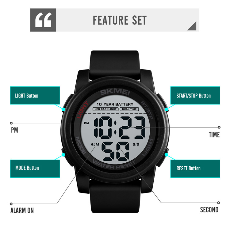 Skmei 1564 Black Sport Digital Watch Waterproof Relogio Men Wristwatch with 10 years battery