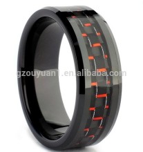 Beveled Edge Black Tungsten Ring, New Black Tungsten Ring with Red Carbon Fiber Inlay