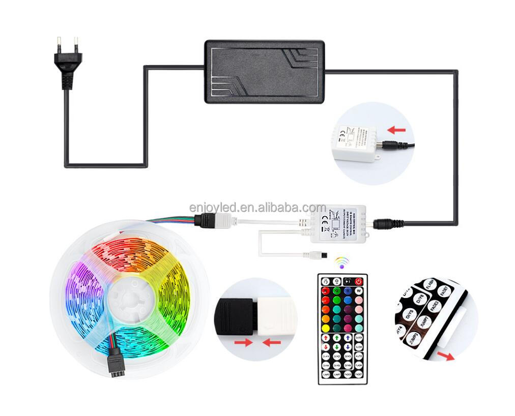 5m Smd led rgb strip 12V 5050 Waterproof rgb led Strip Light 150 Led + 44 Key Ir rf Remote+ adapter rgb led strip kit