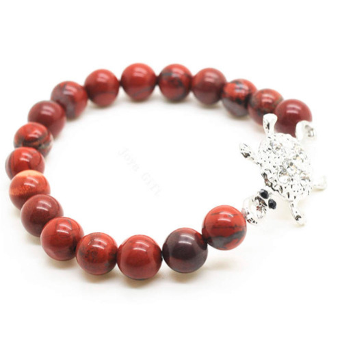 Red Jasper 8MM Round Beads Stretch Gemstone Bracelet with Diamante alloy tortoise Piece