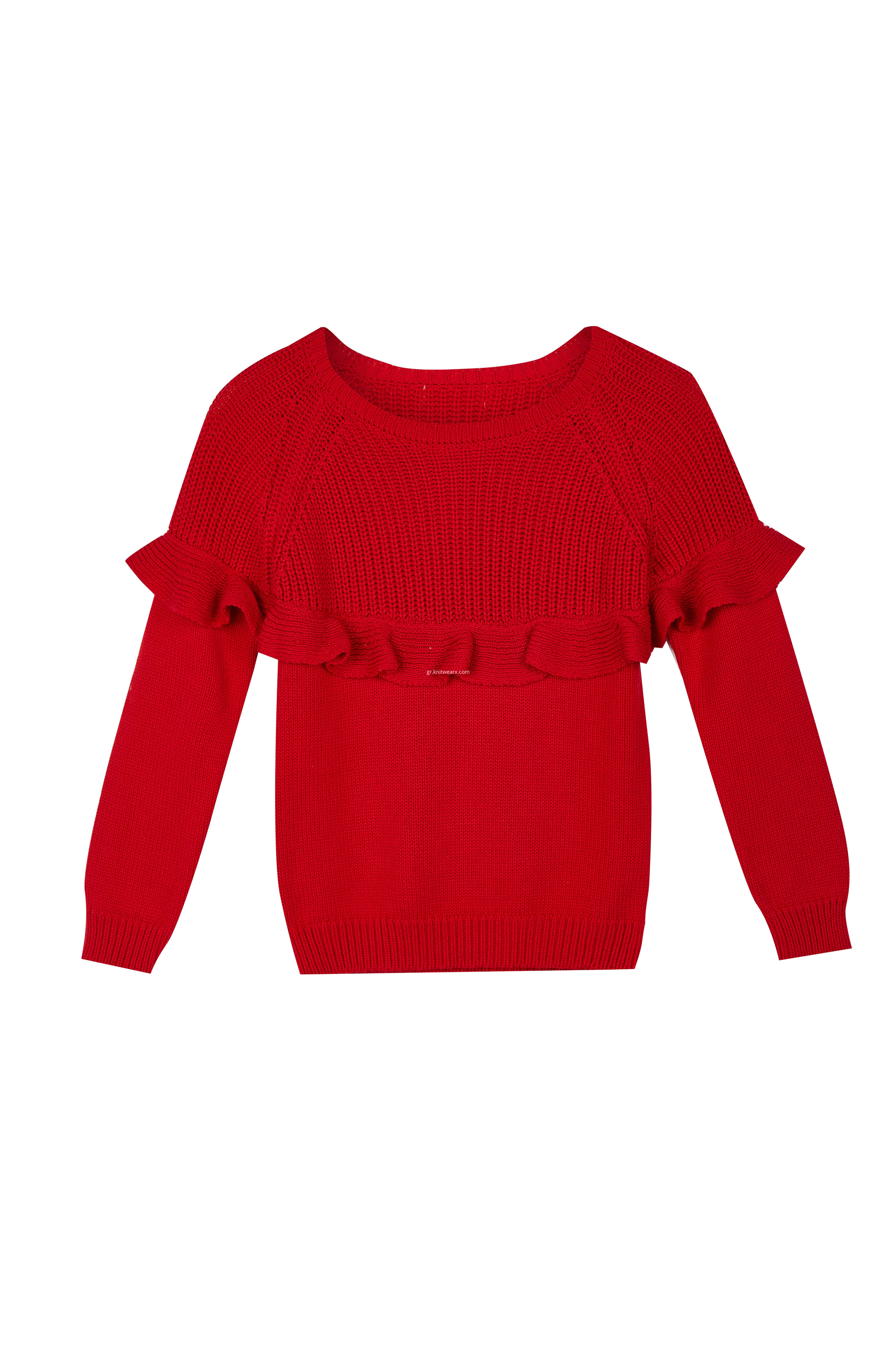 Girl's Knitted Ruffled Chest Boat Neck Pullover