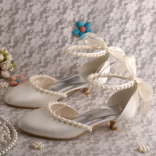 Off white Bridal Kitten Heels with Pearl Strap