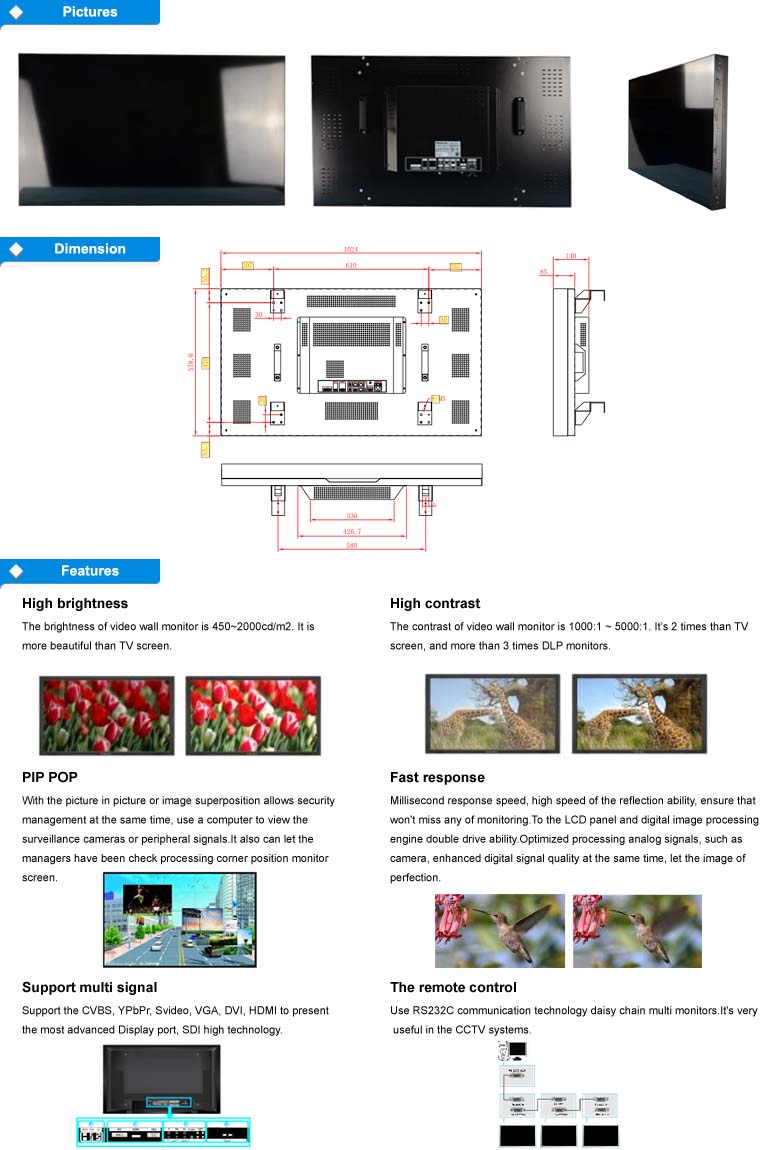 46 Inch CCTV Camera Monitor LCD Video Wall