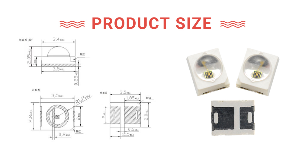 Size of 2835FRC62D3L14A60 Super Bright 625nm 620nm LED Dome Lens 60 degree