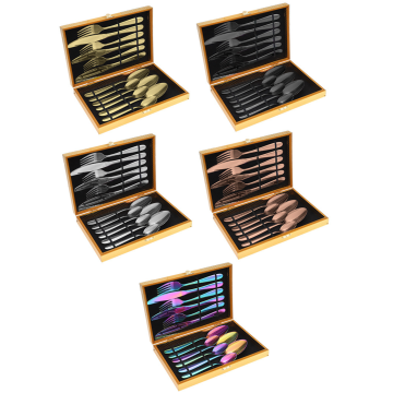 12-Piece Gold Plated Stainless Steel Cutlery Set in Wooden Box: Forks, Knives, and Spoons