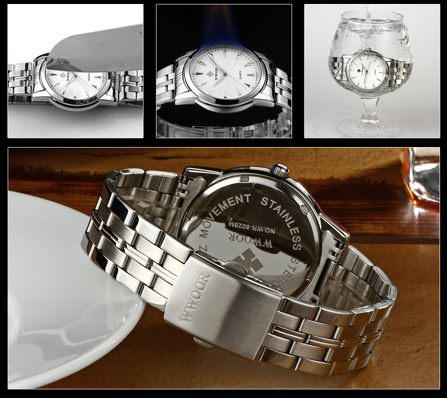 WWOOR 8028 White Steel Band Watch Men Quartz-Watch Luxury Brand Waterproof Men's Watch