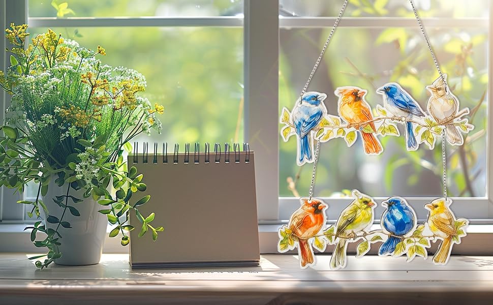 Suluboya Kuş Dalı Akrilik Güneş Yakalayıcı Watercolor Bird Branch Acrylic Suncatcher