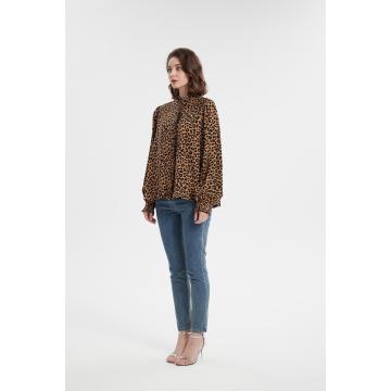 Long sleeve ruffle collar animal print blouse