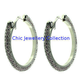 Mesh Stainless Steel Hoop Earrings With Purple Crystals For Girls