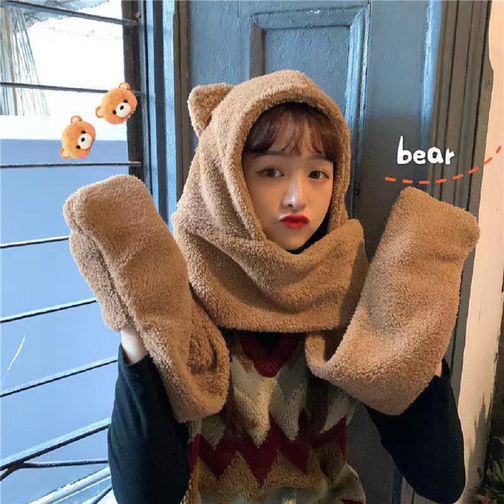 Bear Hat Winter All-matching Korean Cute Plush Scarf One-piece Hat Three-piece Suit