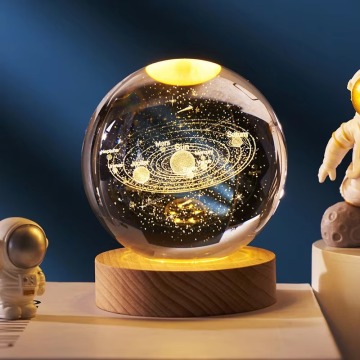 3D Night Light Laser Caving Crystal Ball Lamp with LED Wood Base