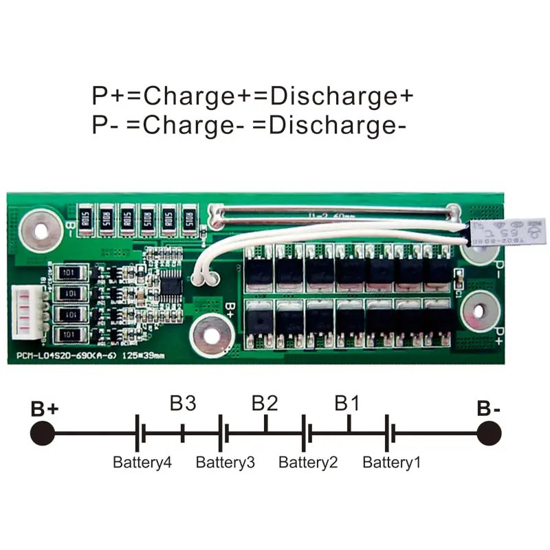 4s 20A PCM BMS for 14.4V 14.8V Li-ion/Lithium/ Li-Polymer 12V 12.8V LiFePO4 Battery Pack Size L105*W30*T7.5mm (PCM-L04S20-690)