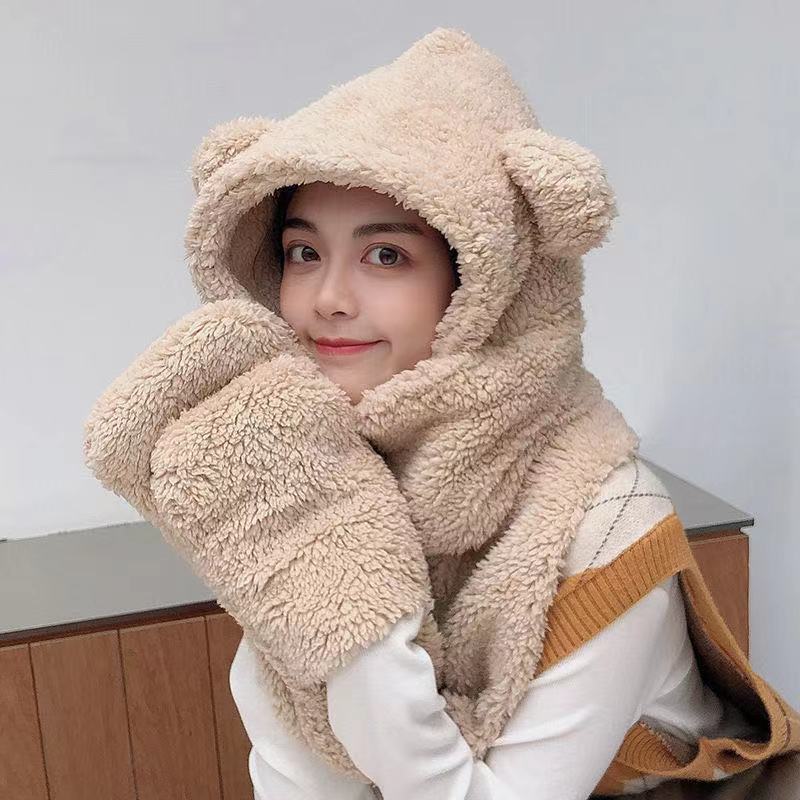 Bear Hat Winter All-matching Korean Cute Plush Scarf One-piece Hat Three-piece Suit