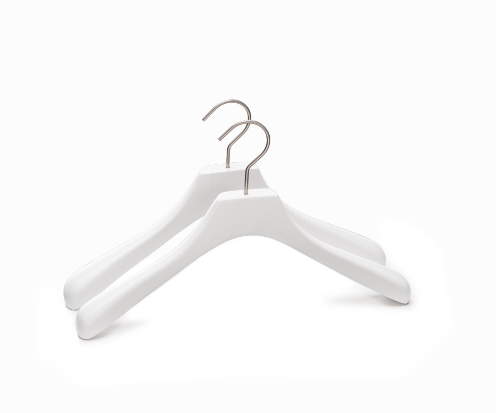 white wooden wide shoulder padded coat hanger with nickel hook
