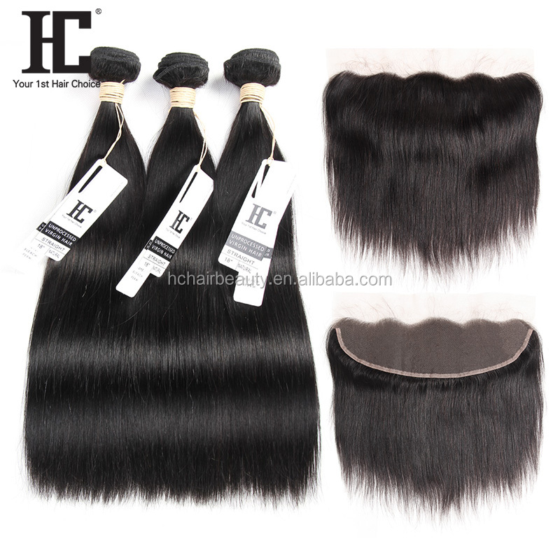 HC Hair Ear To Ear Lace Frontal Closure With 3 Bundles Brazilian  Non Remy Straight Human hair Weaves With Closures