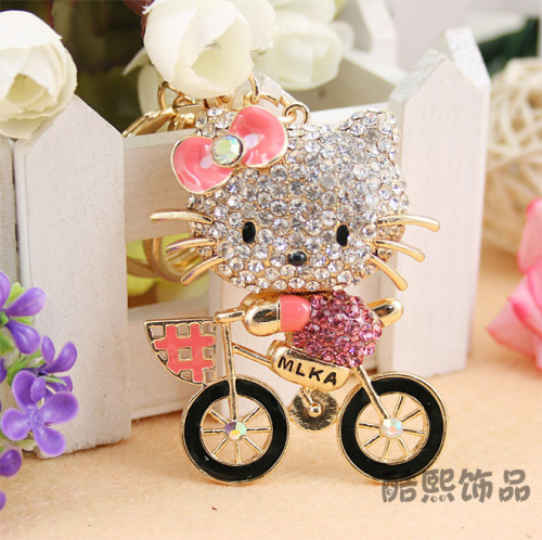 Cycling hello kitty creative crystal Keychain full rhinestone cat bicycle metal key chain women bag hanger wholesale