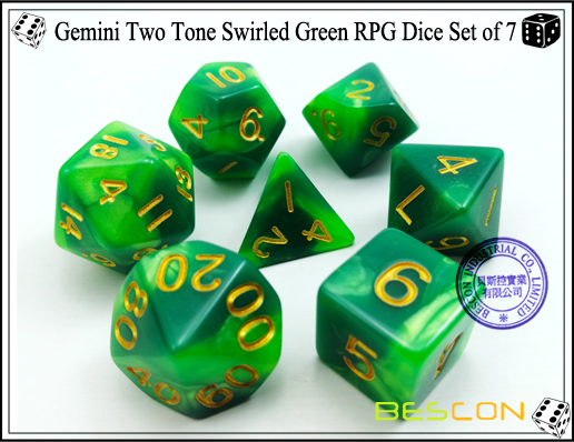 Géminis Dos tonos rodados juego de dados de RPG verde de 7-2 Gemini Two Tone Swirled Green RPG Dice Set of 7-2
