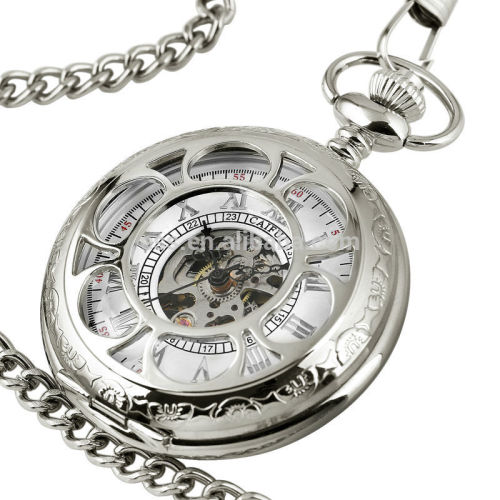 WP124 New Mens Silvered Case White Mechanical Pocket Watch with Chain Custom Pocket Watch