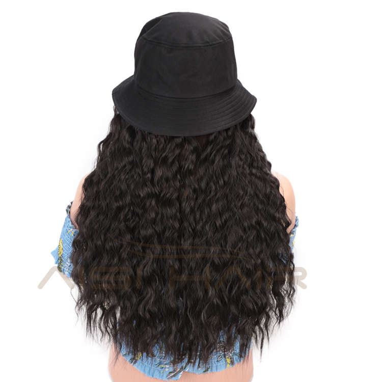 Aisi Hair Outdoor Hat Black Water Wave Wig Party Knit Slouchy Hat Synthetic Fiber Hair Extension With Black Bucket Hat For Women