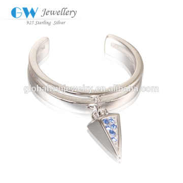 New Design Crystal Triangle Dangling Pure Silver Charm Wholesale Opened Silver Ring