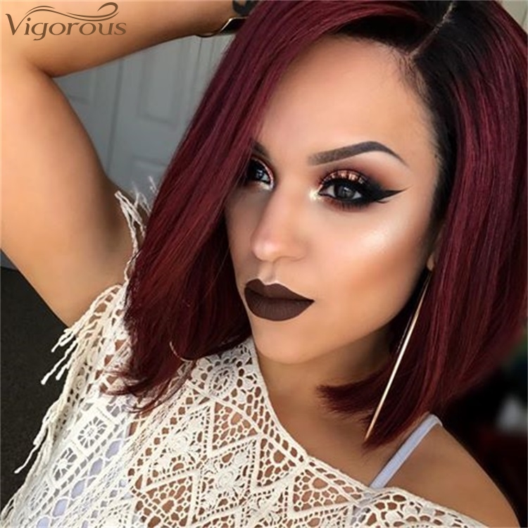 Vigorous 14inch Synthetic Side Part Natural Short Straight Hair Wigs for Black Women 2 Tone Ombre Red Heat Resistant Fiber Hair